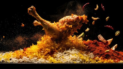 A creative food photography shot of flying chicken biryani with basmati rice, saffron, chicken, and spices hovering in the air,