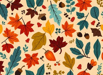 Autumn Leaves and Acorns Pattern - Fall Season Nature Illustration