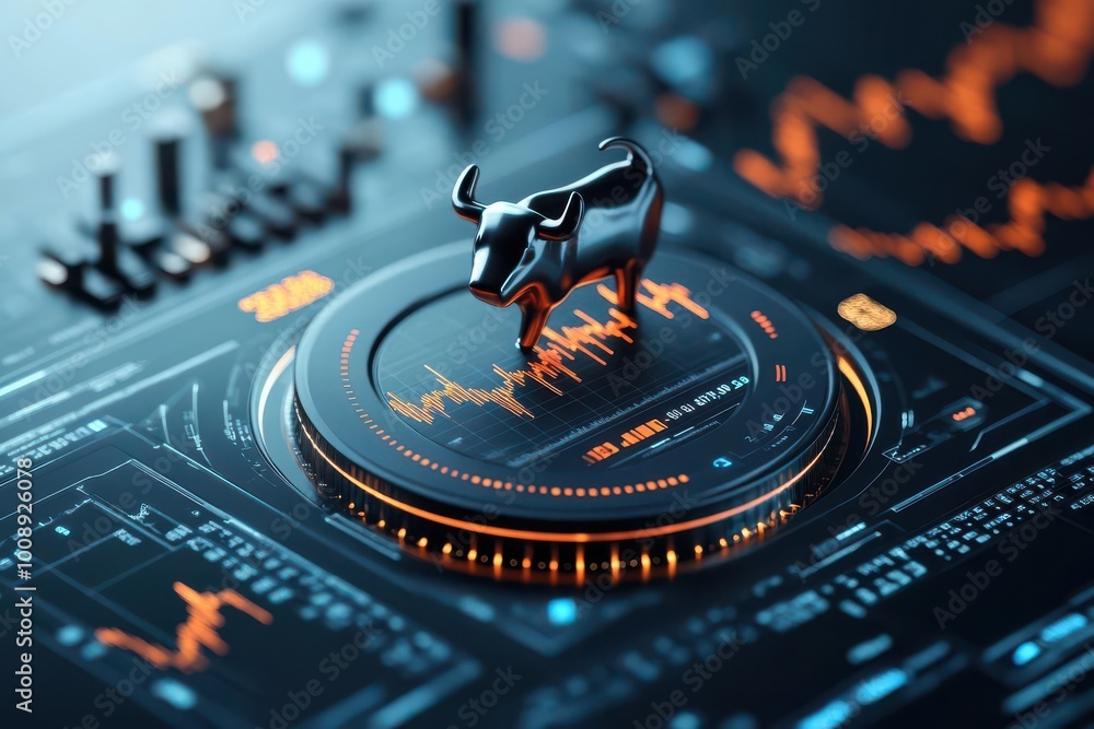 Poster a digital bull statue on a futuristic stock market dashboard with graphs and data visualizations, sy