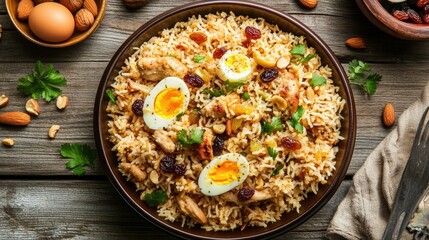 A delicious top view of chicken pulao, garnished with fried onions, boiled eggs, crunchy nuts, and plump raisins