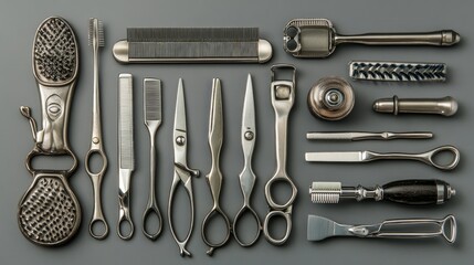 Fototapeta premium An assortment of vintage hairdressing tools laid out on a gray background.