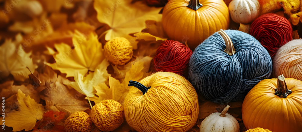 Canvas Prints Autumn themed composition with wool yarn skeins yellow leaves pumpkins and a hand knitting concept for Halloween and autumn creativity includes copy space image