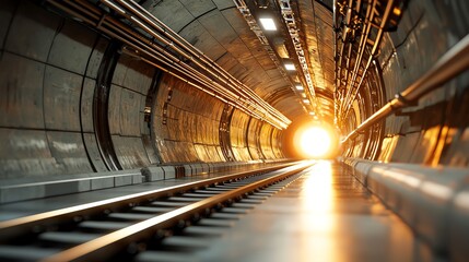 Futuristic tunnel with radiant, shifting grids and vibrant energy streams, 3D illustration