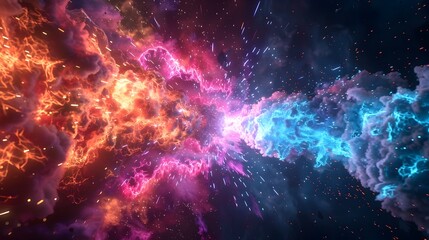 Naklejka premium Explosive Futuristic Energy Blast with Vibrant Neon Plasma Arcs and Bursts