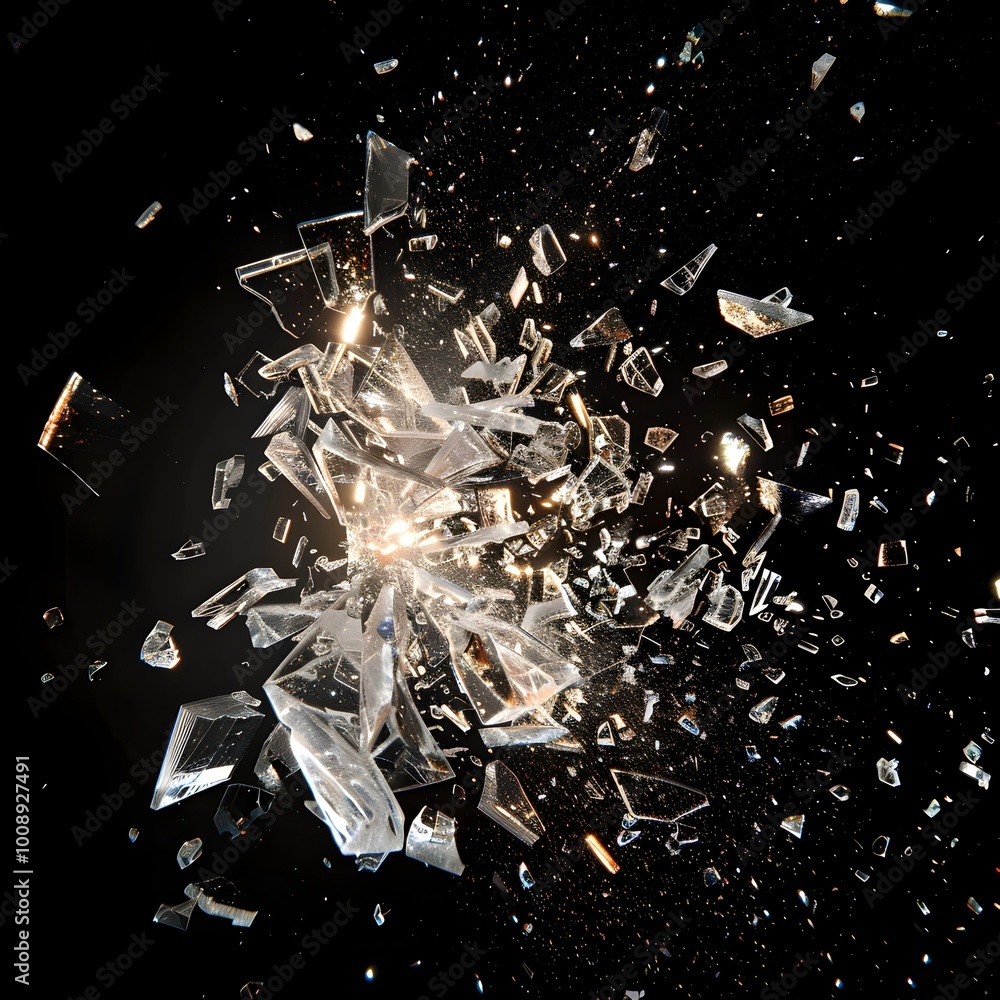 Poster powerful crystal explosion shattering into sparkling shards with intricate light reflections