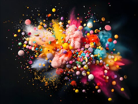 Vibrant Candy Explosion on Dark Background   Swirling Clouds of Sugar and Sprinkles in Festive Burst
