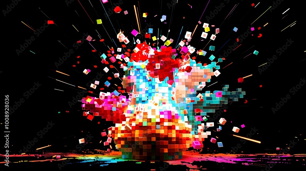 Poster pixelated bomb explosion into colorful digital particles and game artifacts