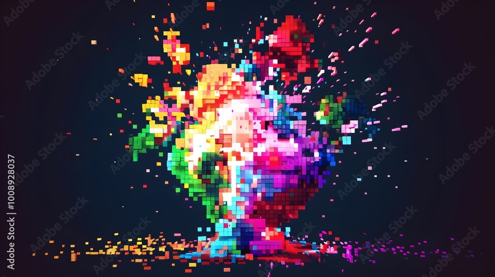 Poster pixelated video game bomb exploding into colorful pixels and game artifacts on black background