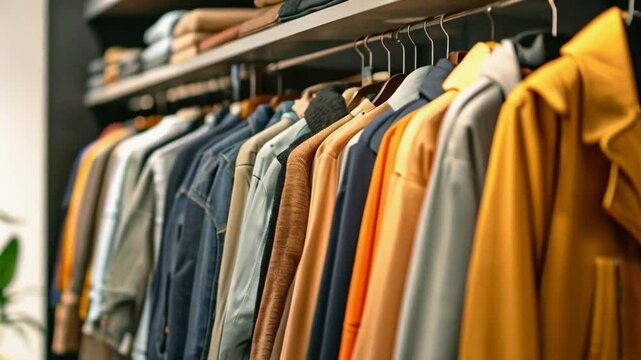 A display of various clothing items neatly arranged on hangers in a retail setting.