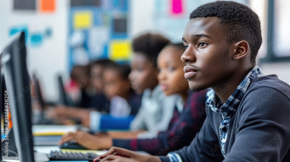 Poster a focused student engaged in computer work in a classroom setting.