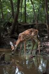 A spotted deer drinking water in a serene forest setting.