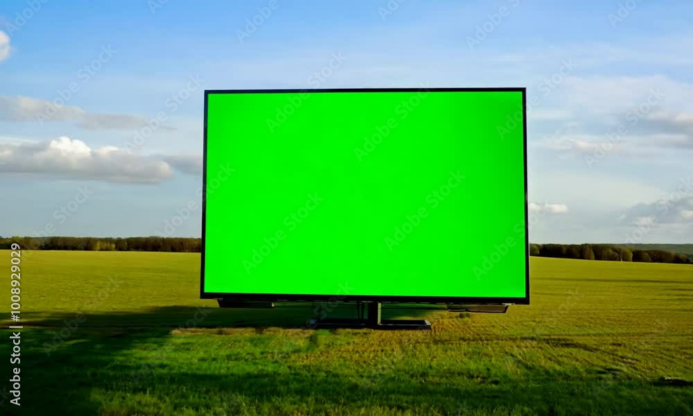Wall mural blank billboard with green screen on a grassy field, a vast canvas for advertising under the expansi
