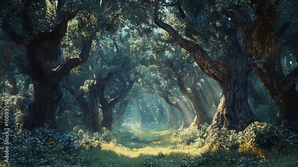 Poster a sunlit path through a dense forest of gnarled trees, creating a mystical and serene atmosphere.