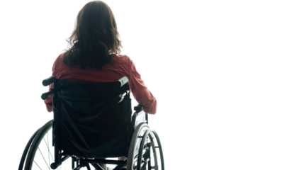 Woman with disability in wheelchair on white background