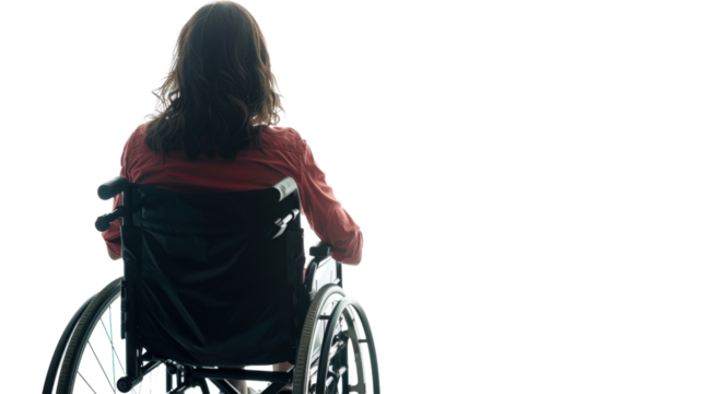 Woman with disability in wheelchair on white background - Powered by Adobe