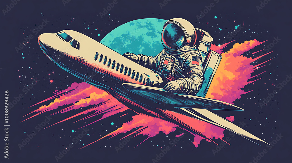 Poster an astronaut in a spacesuit flies an airplane through space.
