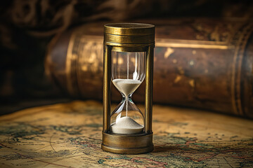 Antique Brass Sand Timer on Vintage World Map  