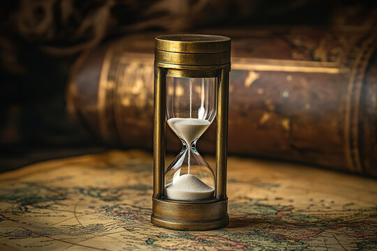 Antique Brass Sand Timer on Vintage World Map