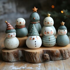 Six charming snowman figurines with various hats and scarves dis