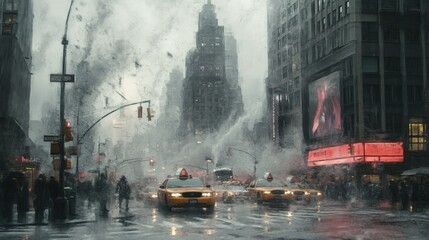 Rain-soaked City Street with Yellow Taxis and Blurred Pedestrians