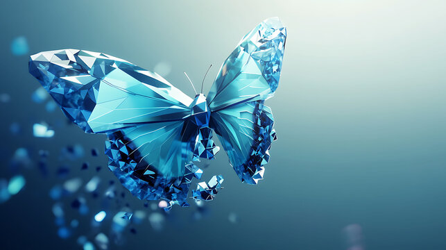 A blue, geometric butterfly with a shimmering finish is shown in flight, leaving a trail of fragmented particles behind.