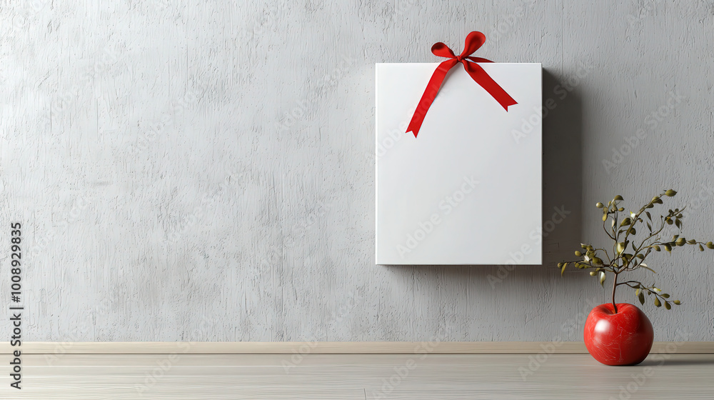 Poster square empty box with red bow is hung against grey wall, creating minimalist and elegant display. re