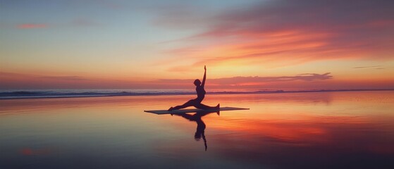 Sunrise Yoga: A silhouette of a person doing yoga on a calm beach at sunrise, with soothing colors and the horizon stretching out ahead. 