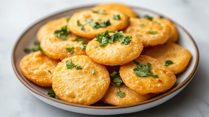Fototapeta premium A plate of crispy pani puris garnished with fresh herbs, positioned on a simple background,