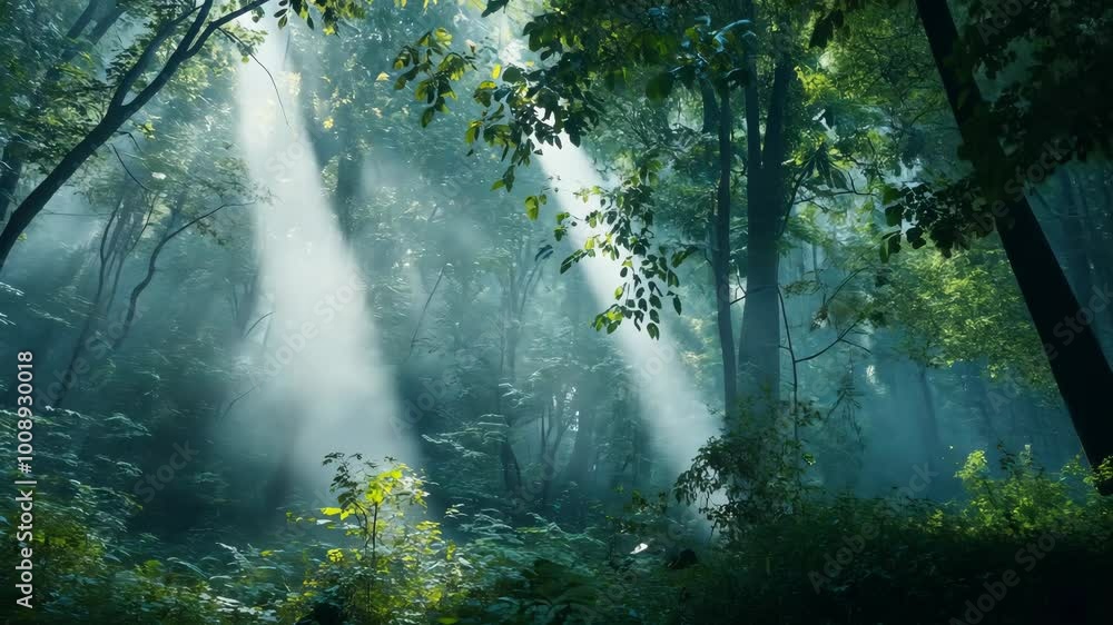 Poster sunlight streams through the trees in a misty forest, illuminating the foliage