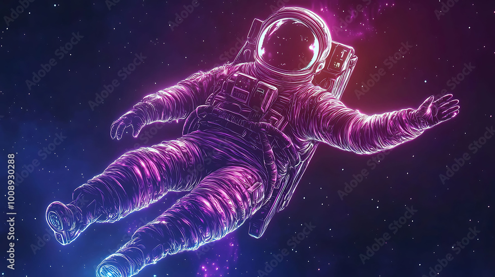 Poster a glowing astronaut floats in space against a starry background with a vibrant, abstract color schem
