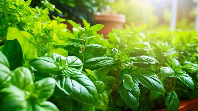 Lush green basil plants thriving in a garden setting.