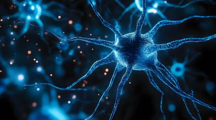 Glowing Blue Neurons in Close Up View