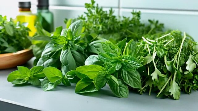 Fresh herbs including basil and parsley arranged on a kitchen countertop.