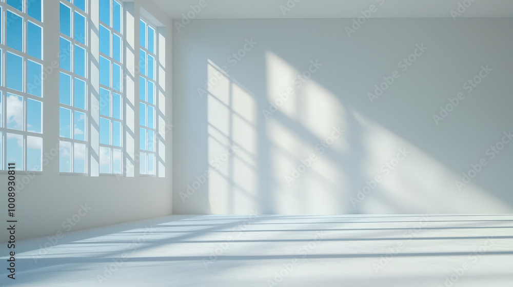 Poster bright, empty room with large windows allowing natural light to flood in, creating beautiful shadows