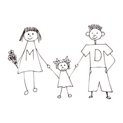 Doodle hand drawn family isolated white. Black line art mom dad and daughter. Simple doodle vector Global Family Day template design. EPS 10