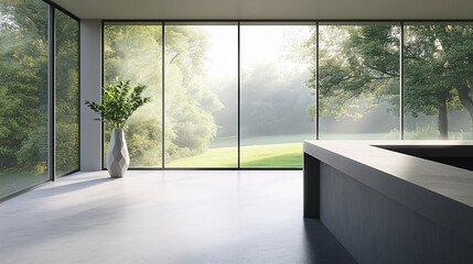 Fototapeta premium Simple minimalist kitchen with light grey countertops, a single art piece on the wall, and natural light
