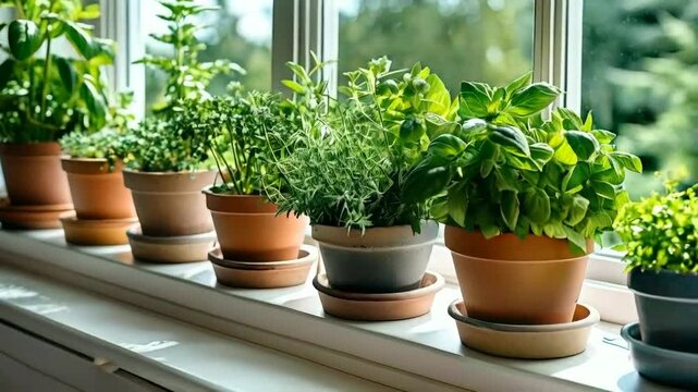 A row of potted herbs on a windowsill, showcasing vibrant greenery and natural light.