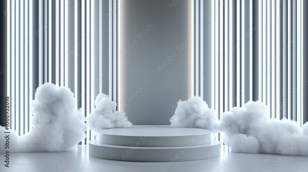 Aufkleber modern stage setup featuring circular platform surrounded by soft white smoke and illuminated by ver