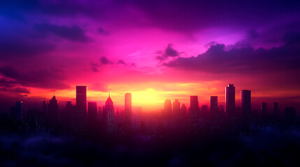 City skyline at sunset with vibrant purple and orange clouds.