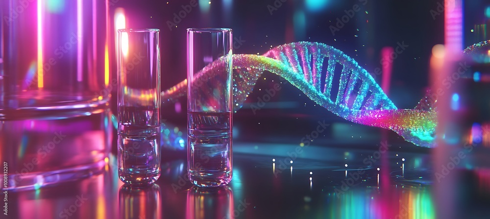 Poster a holographic representation of dna strands floating above a lab table