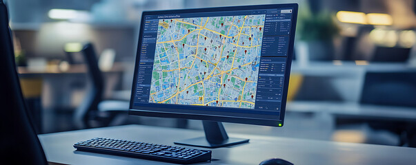 Desktop Computer with GPS Mapping Software and City Map Display