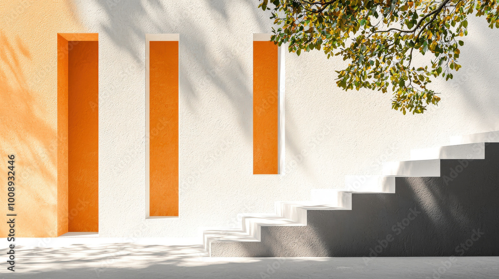 Aufkleber modern architectural design featuring three thin rectangular window frames in vibrant orange against