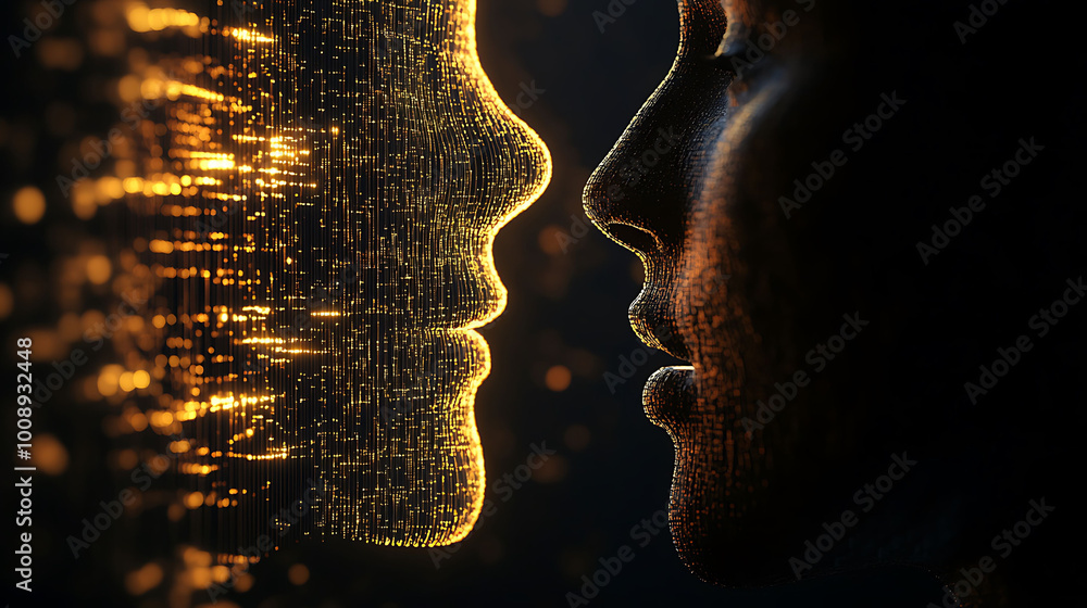 Poster a digital representation of a human face, composed of glowing particles, facing a real human face. t