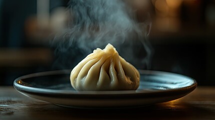 A single steaming momo placed on a clean plate, with a blurred background providing generous copy space,