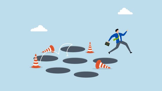 Avoid pitfall, 4k animation of Intelligent entrepreneur navigates through numerous challenges to reach business success.