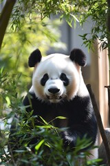 Obraz premium A giant panda amidst bamboo foliage, showcasing its natural habitat.