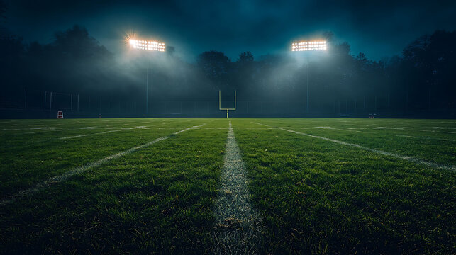 A football field with goal posts illuminated by stadium lights at night.