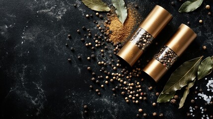 A stunning overhead capture of two spice mills with levitating ingredients, including peppercorns and bay leaves,