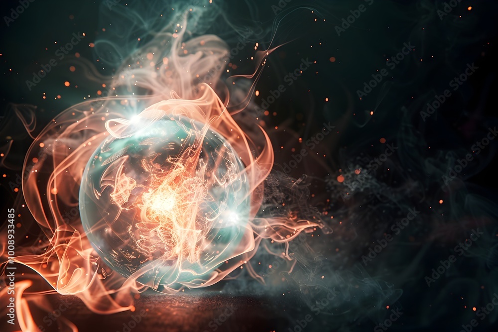 Poster magical glowing orb bomb exploding with mystical energy waves and arcane symbols on black background