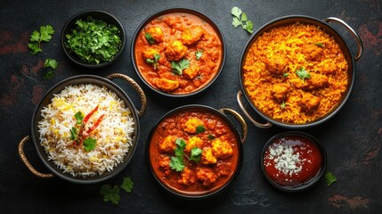 A tempting assortment of Indian cuisine featuring dal curry, kofta curry, and chicken biryani served in traditional bowls,